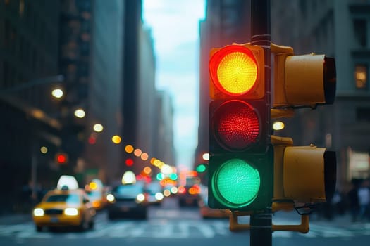 A traffic light is lit up green in a busy city street. The traffic light is surrounded by cars and pedestrians, indicating a bustling urban environment