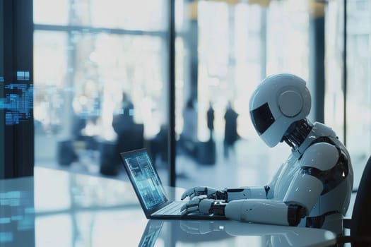 A robot is sitting at a desk and typing on a laptop. The robot is wearing a white helmet and has a robotic arm. The scene is set in a room with a window, and there are several people in the background