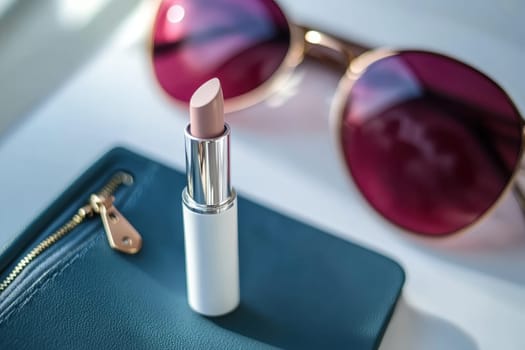 A small white lipstick is on top of a purse. The purse is blue and has a zipper. There is also a pair of sunglasses on the purse