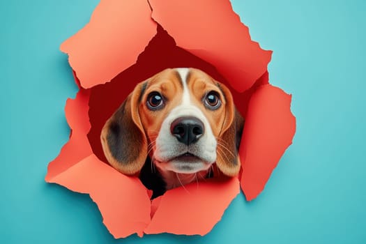 A beagle is peeking out of a hole in a piece of red paper. The dog's eyes are wide open, and it is curious about what's on the other side of the hole. The paper is slightly crumpled