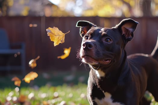 A black dog is playing with a leaf in the yard. The dog is happy and enjoying the moment