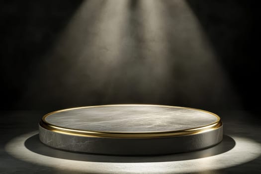 A large, round, gold and silver podium with a spotlight shining on it. The podium is empty and he is a stage for a performance or event. The spotlight emphasizes the podium