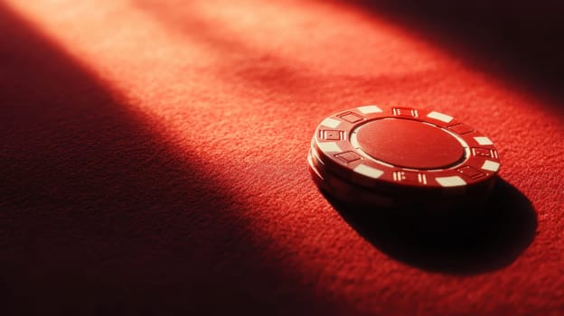 A red poker chip sits on a red carpet. The light shining on the chip creates a warm, inviting atmosphere