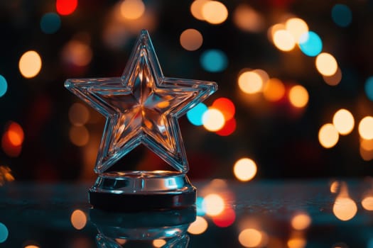 A star is sitting on a table in front of a Christmas tree. The star is lit up and surrounded by a blurry background. Concept of warmth and celebration, as it is a symbol of the holiday season