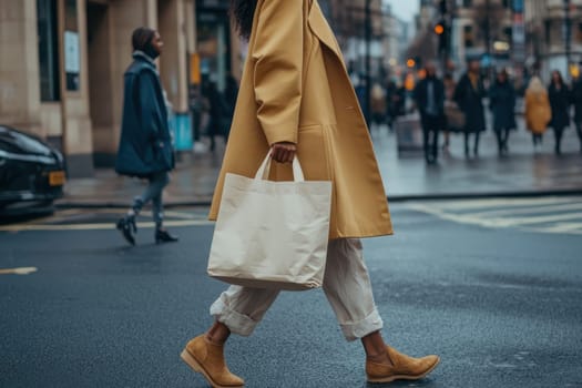 A woman is walking down a street with a white bag in her hand. The scene is set in a city with a mix of people and vehicles, including cars and a truck. The woman is wearing a yellow coat