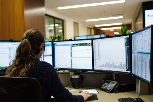 A woman is sitting at a desk with four computer monitors in front of her. She is focused on her work, possibly analyzing data or monitoring stock prices. The room is well-lit