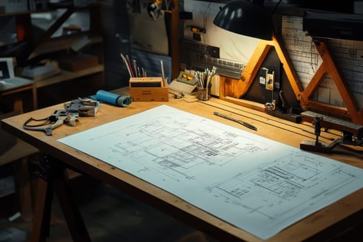 A desk with a drawing of a building on it and a ruler. The desk is cluttered with various items such as a pen, pencils, and a calculator. Scene is that of a busy workspace