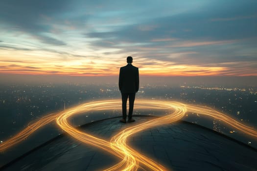A man stands on a hill overlooking a city with a bright orange line in the sky. The man is looking off into the distance, possibly contemplating his future