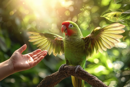 A green parrot is perched on a branch and is being fed by a person. Concept of warmth and connection between the two, as the person is reaching out to the bird