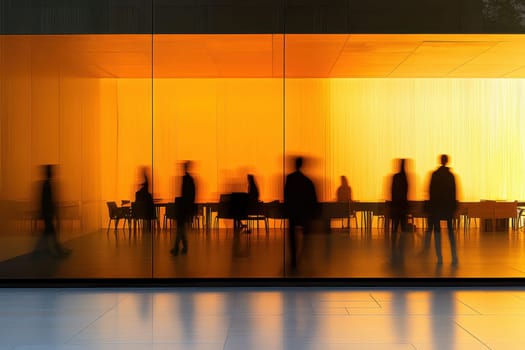 A group of people are walking past a window with a blurry reflection of them. The scene is set in a restaurant with tables and chairs visible. Scene is busy and bustling