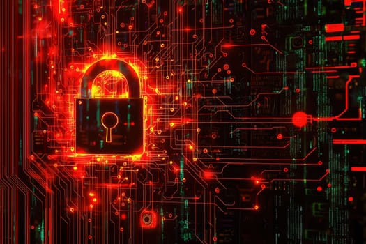 A red and green computer screen with a key on it. The key is glowing and the background is filled with other keys. Concept of security and protection, as the key is associated with a lock