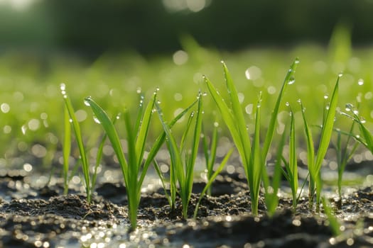A lush green field with a variety of grasses, some of which have droplets of water on their leaves. The scene is calm and tranquil, with the water droplets reflecting the sunlight