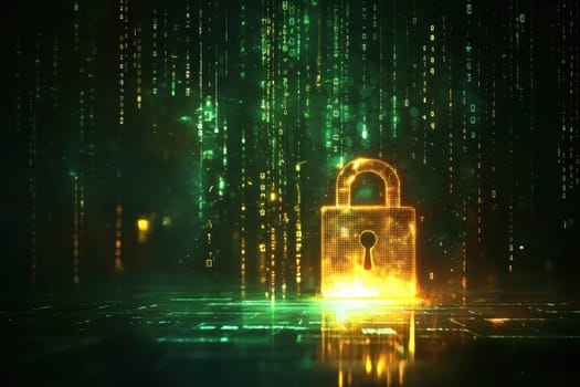 A golden lock is displayed on a green background. The lock is surrounded by a series of glowing lines, giving the impression of a futuristic, high-tech security system. Concept of advanced technology