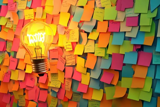 A wall covered in colorful sticky notes with a light bulb in the center. The light bulb is lit up and surrounded by notes with different colors and words