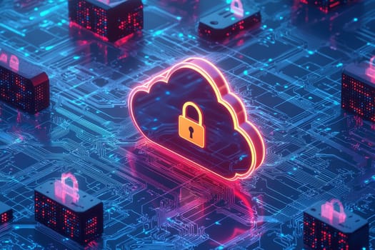 A computer chip with a red and blue lock on it. The lock is surrounded by other locks, and the chip is surrounded by other chips. Concept of security and protection, as the locks on the chip