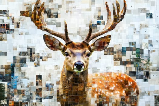 A deer is the main subject of the image, which is a collage of different pictures. The deer is the focal point of the image, and it is standing in a forest
