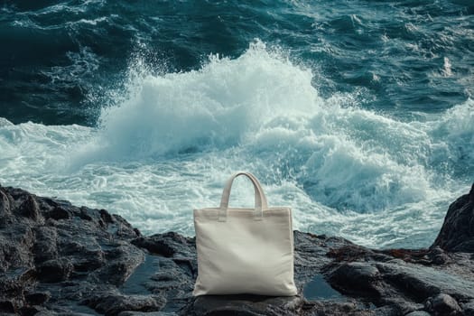 A white canvas bag is sitting on a rocky shoreline next to the ocean. The bag is empty and the ocean is rough and choppy. Concept of solitude and tranquility
