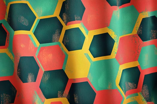 A colorful pattern of hexagons is displayed on a screen. The colors are bright and bold, creating a lively and energetic mood. The pattern is made up of various shades of red, yellow, and green