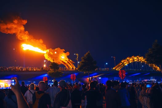 Fame on the fire show on Dragon Bridge or Cau Rong Bridge in Da Nang in Vietnam in Asia at night