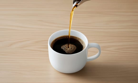 Close-up of hot black coffee being poured into a white cup on a wooden surface..