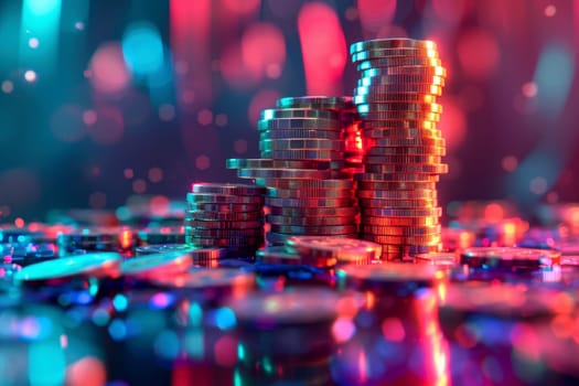 Stacks of gold coins on a futuristic blue background. saving for concept investment..