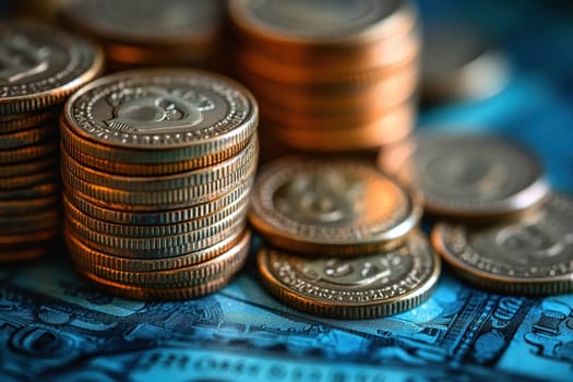Stacks of gold coins on a futuristic blue background. saving for concept investment..