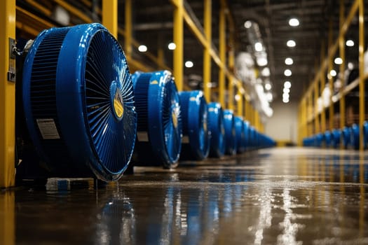 Industrial fan in a warehouse with a wet floor, cleanup, and pavement dried out..