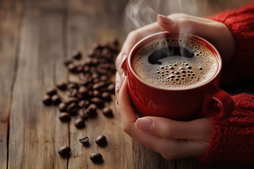 woman hands holding a cup of coffee on wooden table with coffee beans background..