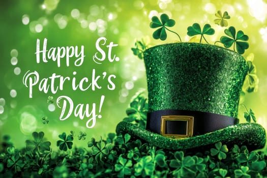 A Happy St Patrick's day leprechaun decorated with lush green shamrocks..