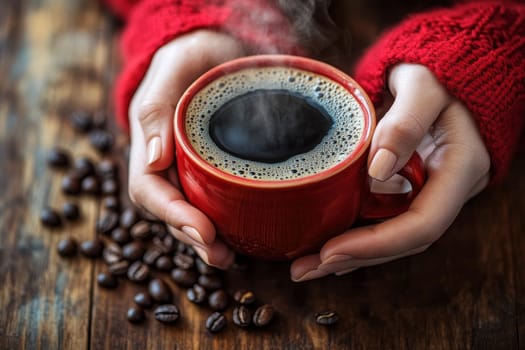 woman hands holding a cup of coffee on wooden table with coffee beans background..