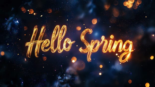 hello spring text sign, set against a breathtaking cosmic flowers nebula filled with space for text. greeting card concept. High quality illustration