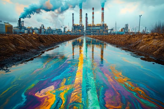 Severe industrial pollution with a littered waterfront and smokestacks in the background, emphasizing environmental issues..