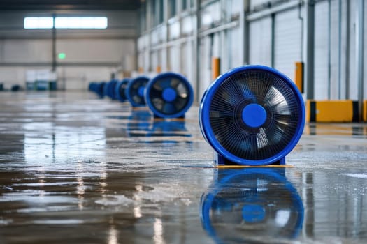 Industrial fan in a warehouse with a wet floor, cleanup, and pavement dried out..