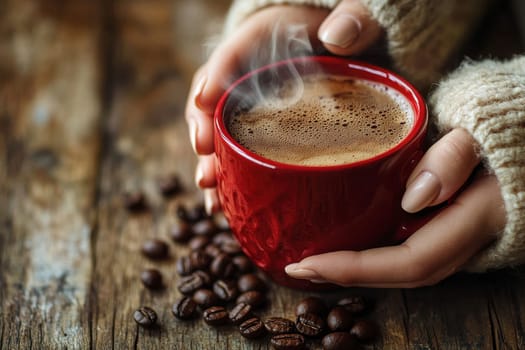 woman hands holding a cup of coffee on wooden table with coffee beans background..