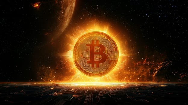 Bitcoin coin rising like a glowing sun over the horizon..