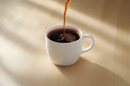 Close-up of hot black coffee being poured into a white cup on a wooden surface..