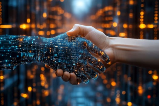 digital ai hand shaking integration between human and artificial intelligence..