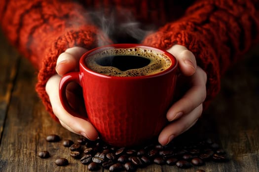 woman hands holding a cup of coffee on wooden table with coffee beans background..