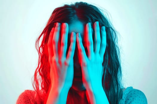 An individual covers their face with both hands, conveying a sense of distress or emotional turbulence, depicted in a close-up shot focusing on the hands and partial expression..