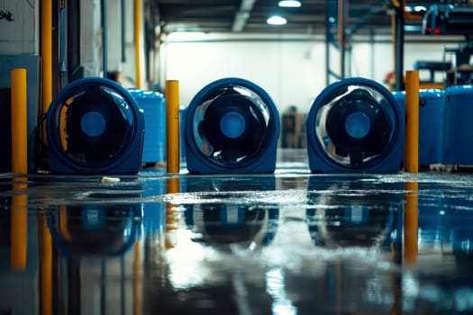 Industrial fan in a warehouse with a wet floor, cleanup, and pavement dried out..