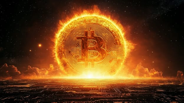 Bitcoin coin rising like a glowing sun over the horizon..