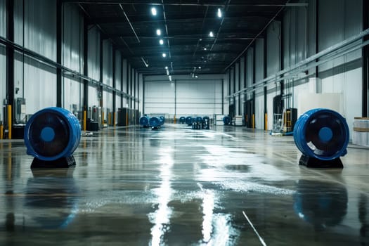 Industrial fan in a warehouse with a wet floor, cleanup, and pavement dried out..