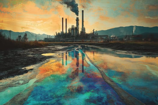 Severe industrial pollution with a littered waterfront and smokestacks in the background, emphasizing environmental issues..