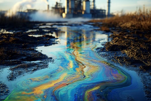 Severe industrial pollution with a littered waterfront and smokestacks in the background, emphasizing environmental issues..