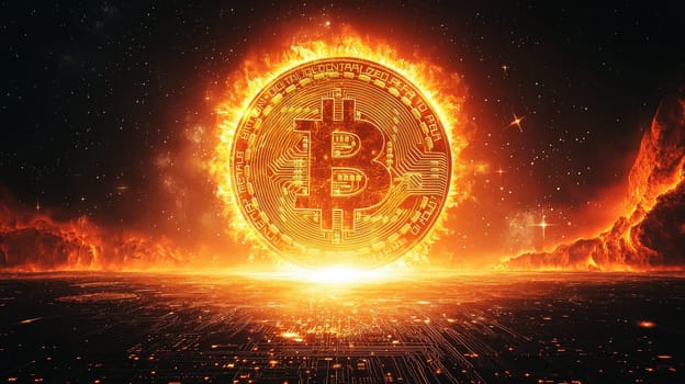Bitcoin coin rising like a glowing sun over the horizon..