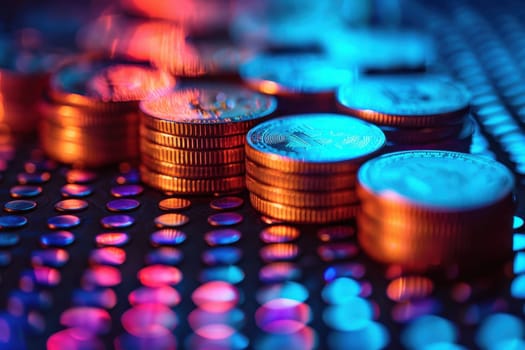 Stacks of gold coins on a futuristic blue background. saving for concept investment..