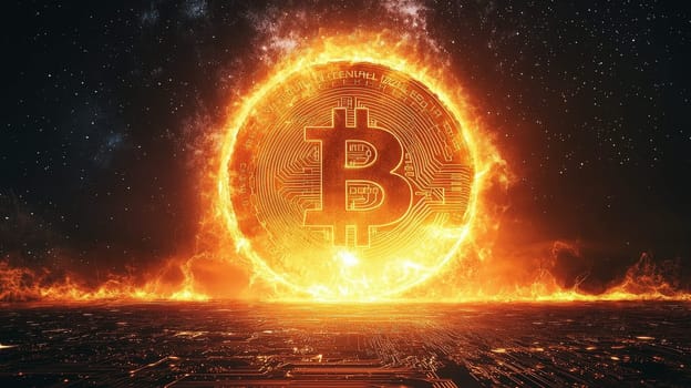Bitcoin coin rising like a glowing sun over the horizon..