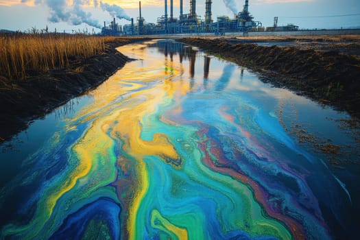 Severe industrial pollution with a littered waterfront and smokestacks in the background, emphasizing environmental issues..