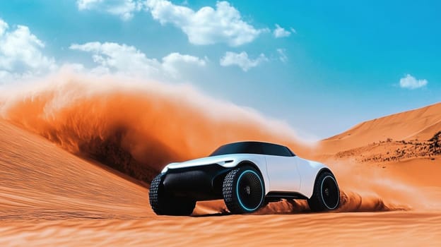 White suv speeds through desert, kicking up sand on dunes, showcasing thrill of adventurous journey in vast, remote landscape