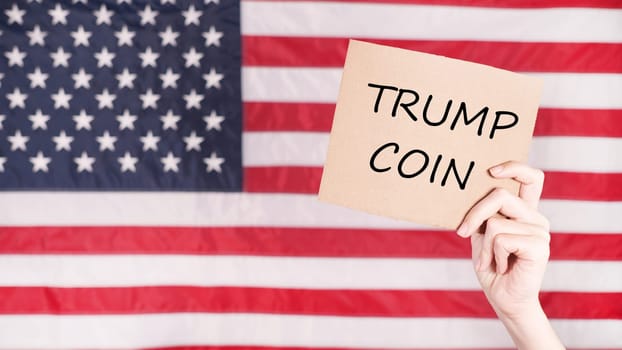 Hand holding sign with text Trump Coin against American flag on background